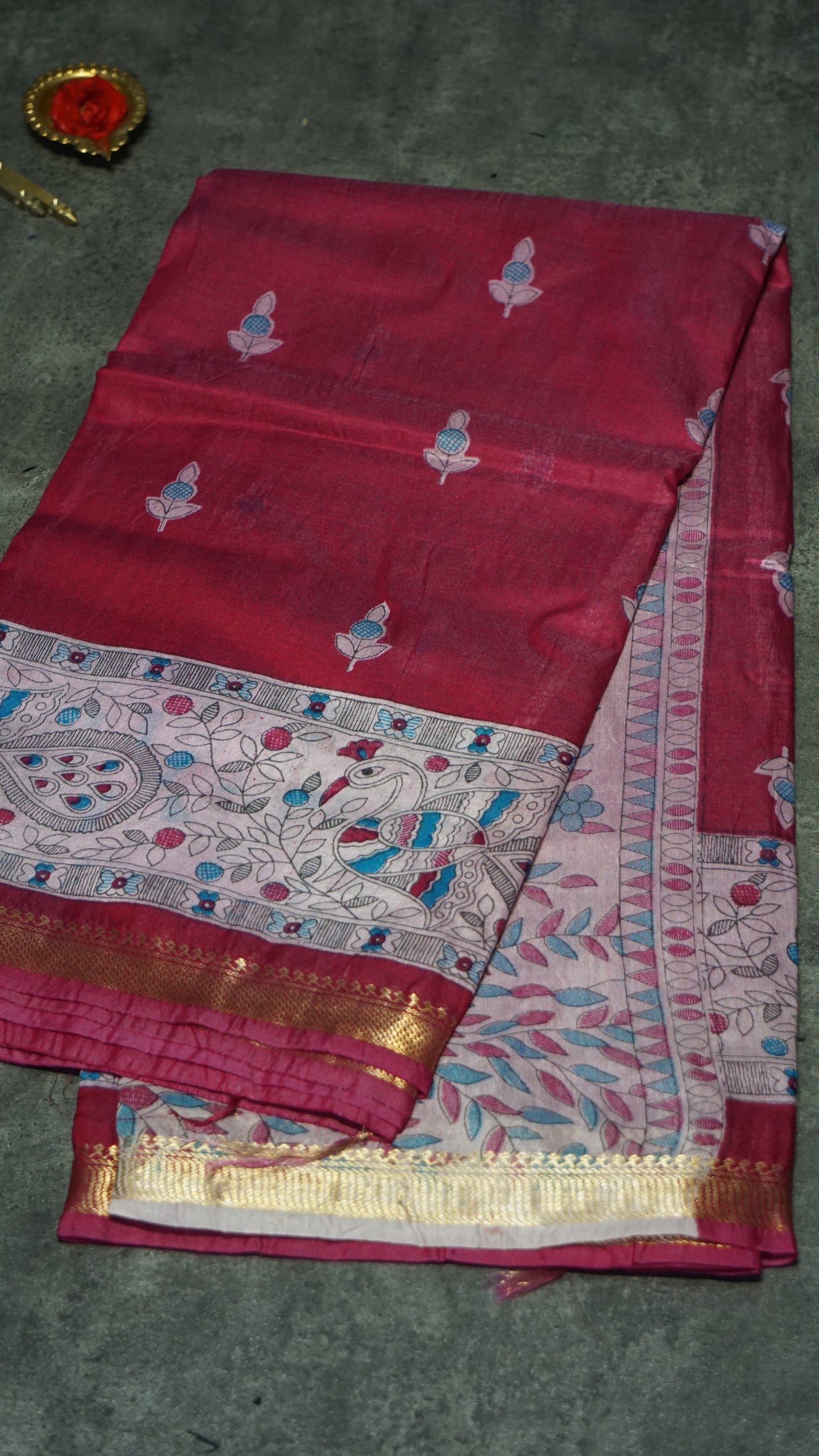 Semi Linen Pink Saree With Madhubani Print