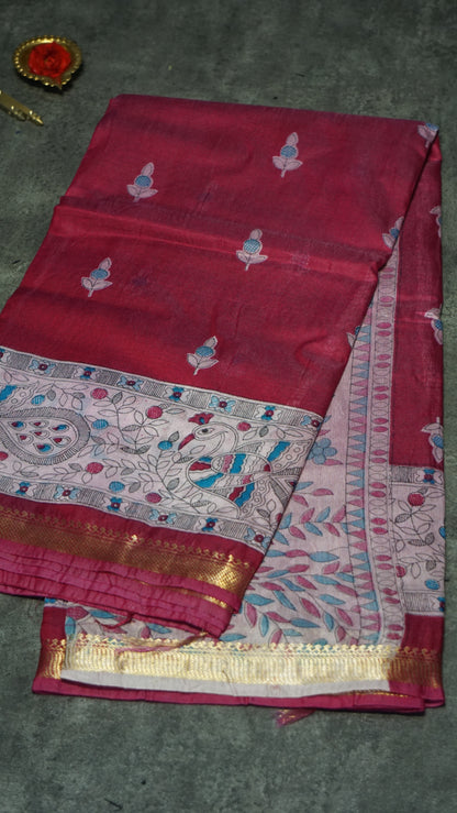 Semi Linen Pink Saree With Madhubani Print