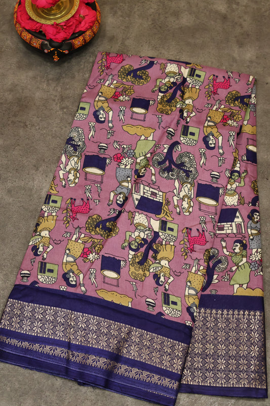 Dola Silk Saree Folk Art Print-Lavender