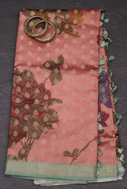 Pure Banarasi Saree Chiniya Silk -Pink Tree Pattern