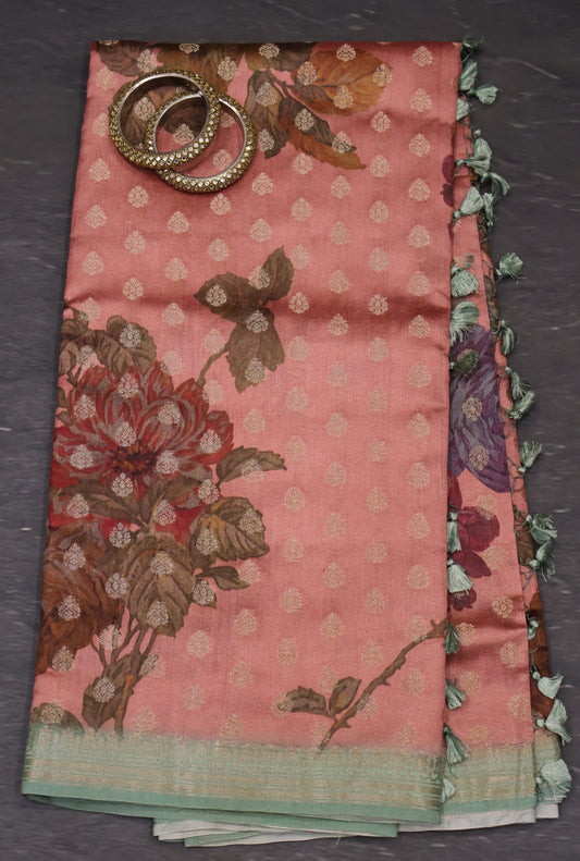 Pure Banarasi Saree Chiniya Silk -Pink Tree Pattern