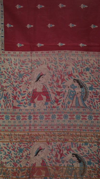 Semi Linen Pink Saree With Madhubani Print
