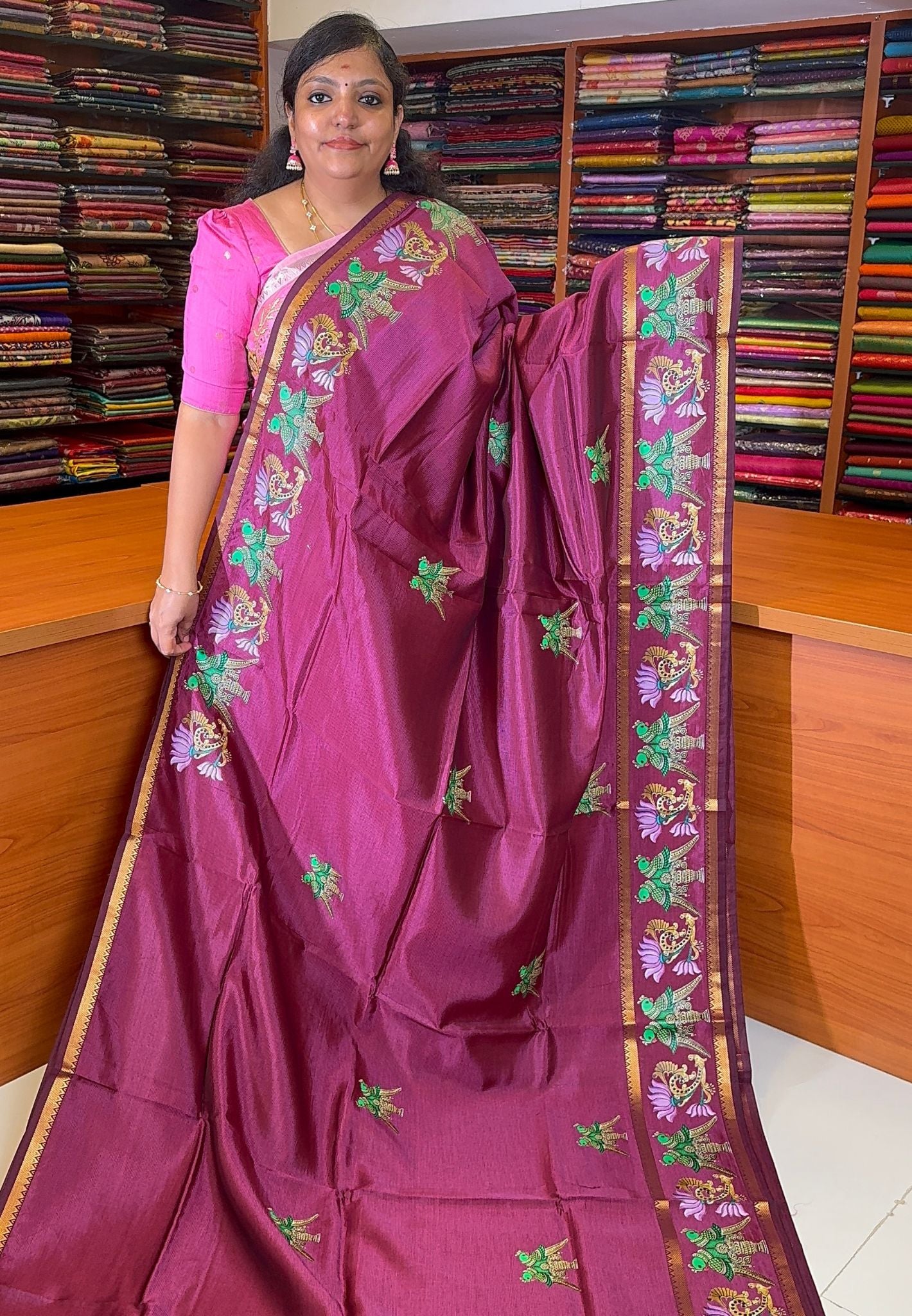 Pure Mangalgiri Silk Saree-Wine in Tanjore Print with Retapet Border
