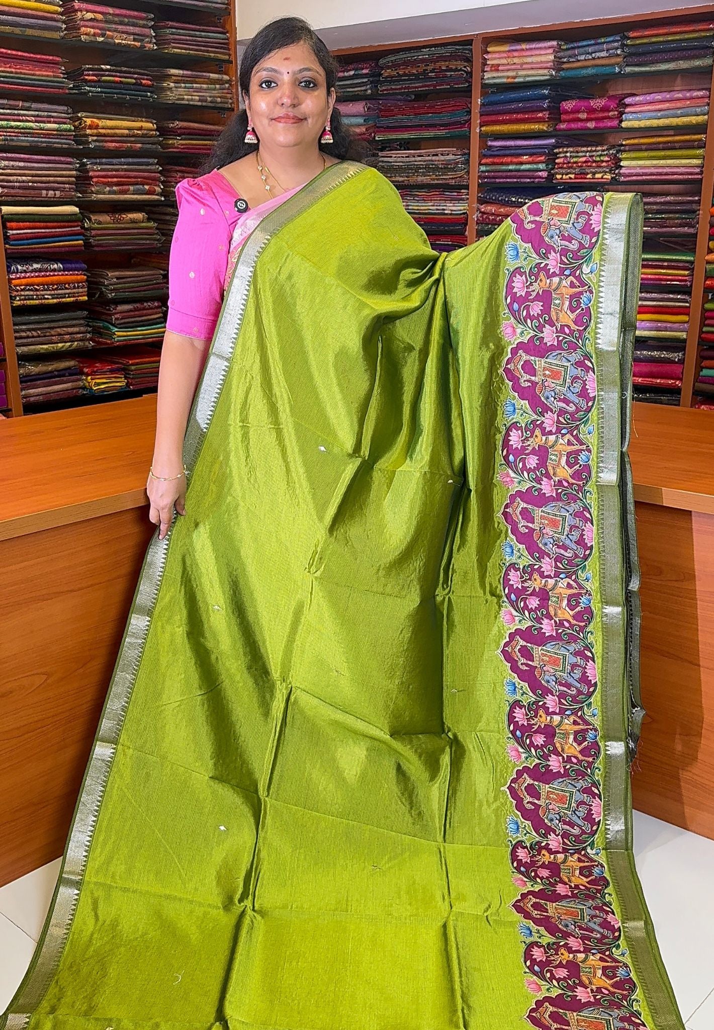 Pure Mangalgiri Silk Saree-Mehandi Green with Appliqué Work