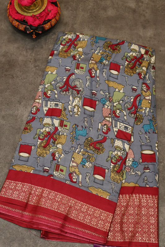 Dola Silk Saree Folk Art Print-Greyish Blue