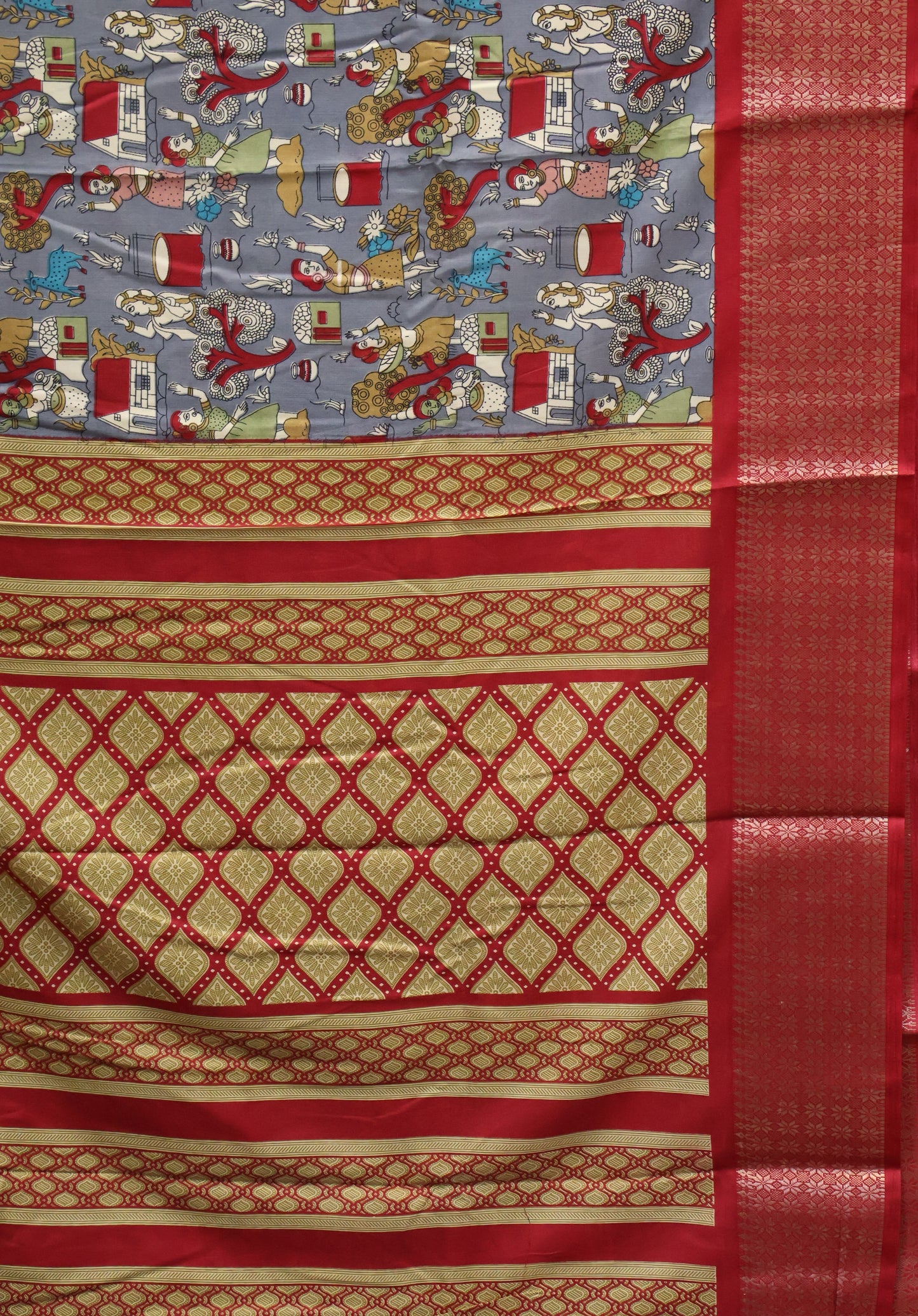 Dola Silk Saree Folk Art Print-Greyish Blue