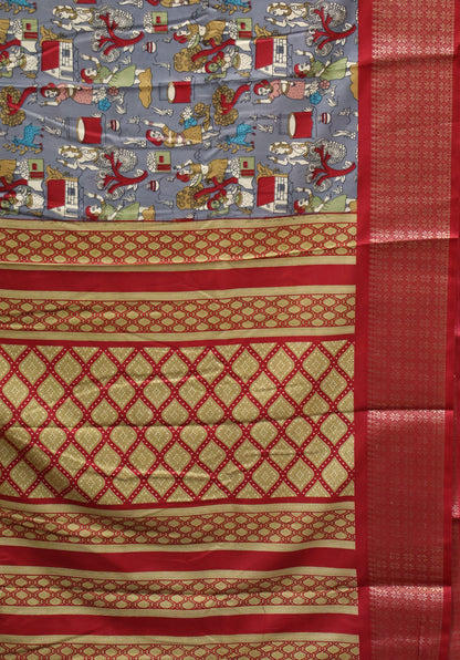 Dola Silk Saree Folk Art Print-Greyish Blue