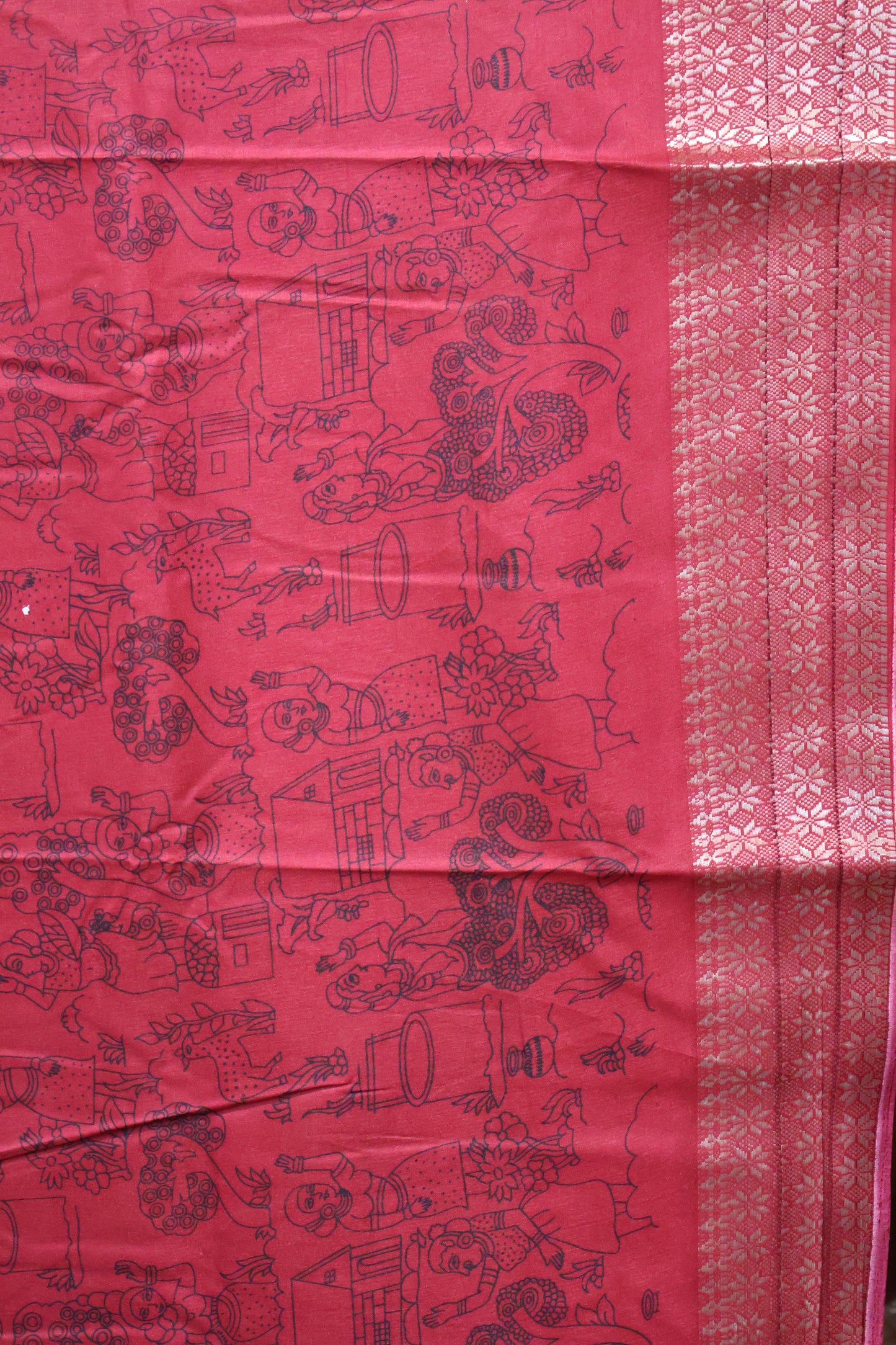Dola Silk Saree Folk Art Print-Greyish Blue