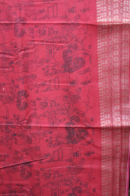 Dola Silk Saree Folk Art Print-Greyish Blue