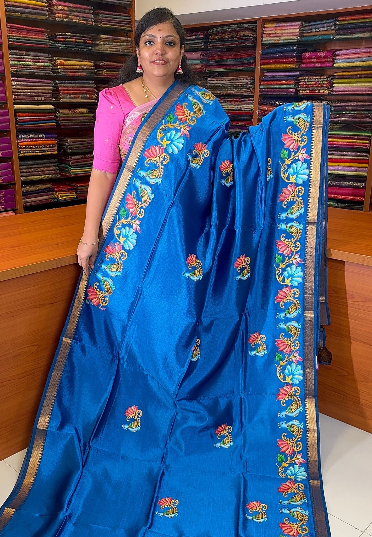 Pure Mangalgiri Silk Saree-Peacock Blue in Thanjur Print