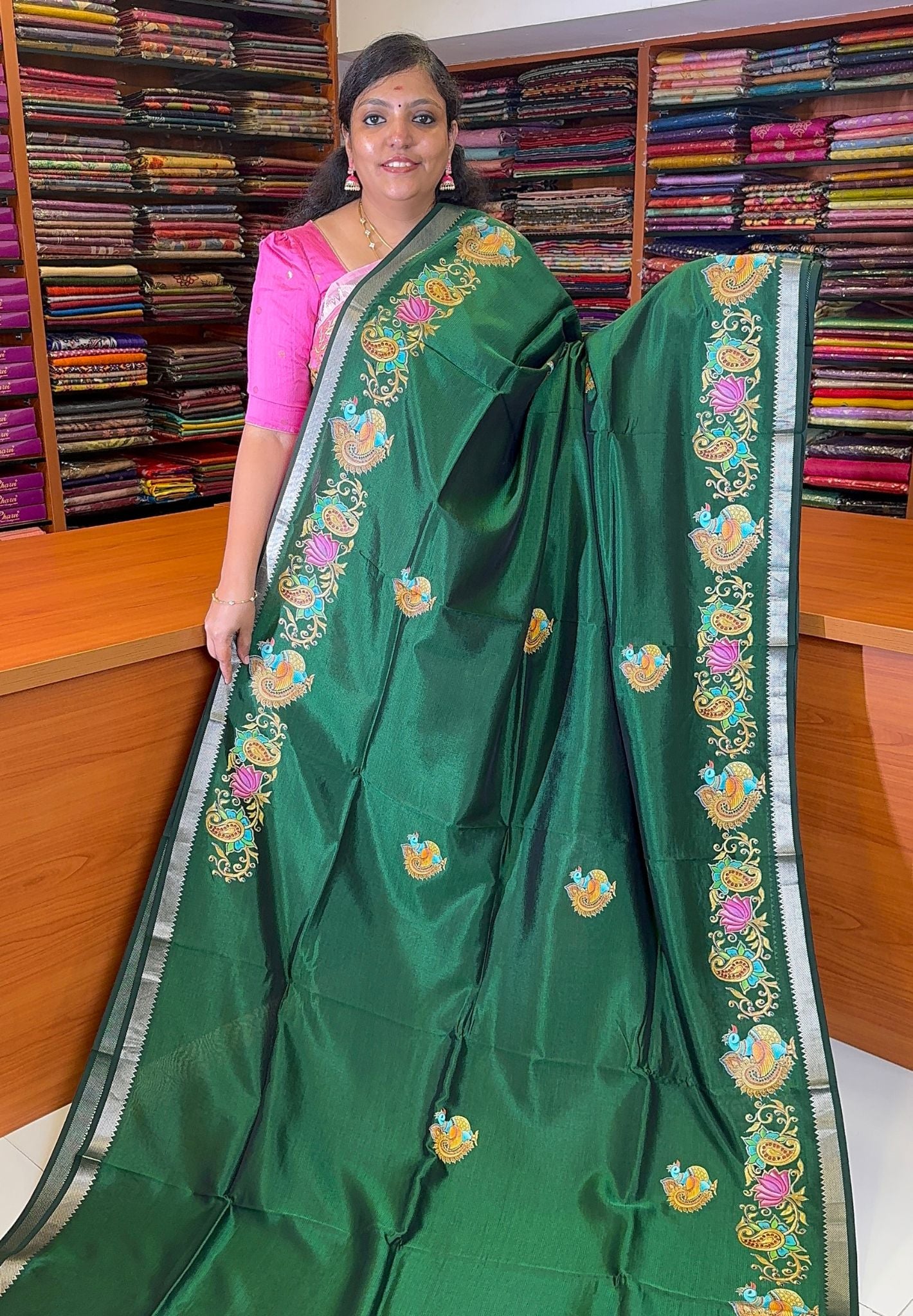 Pure Mangalgiri Silk Saree-Bottle Green in Tanjore Print