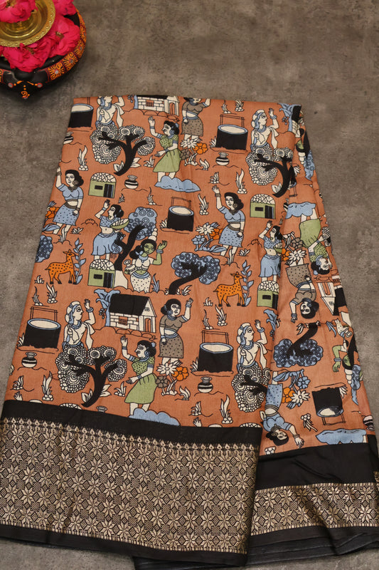 Dola Silk Saree Folk Art Print-Rust