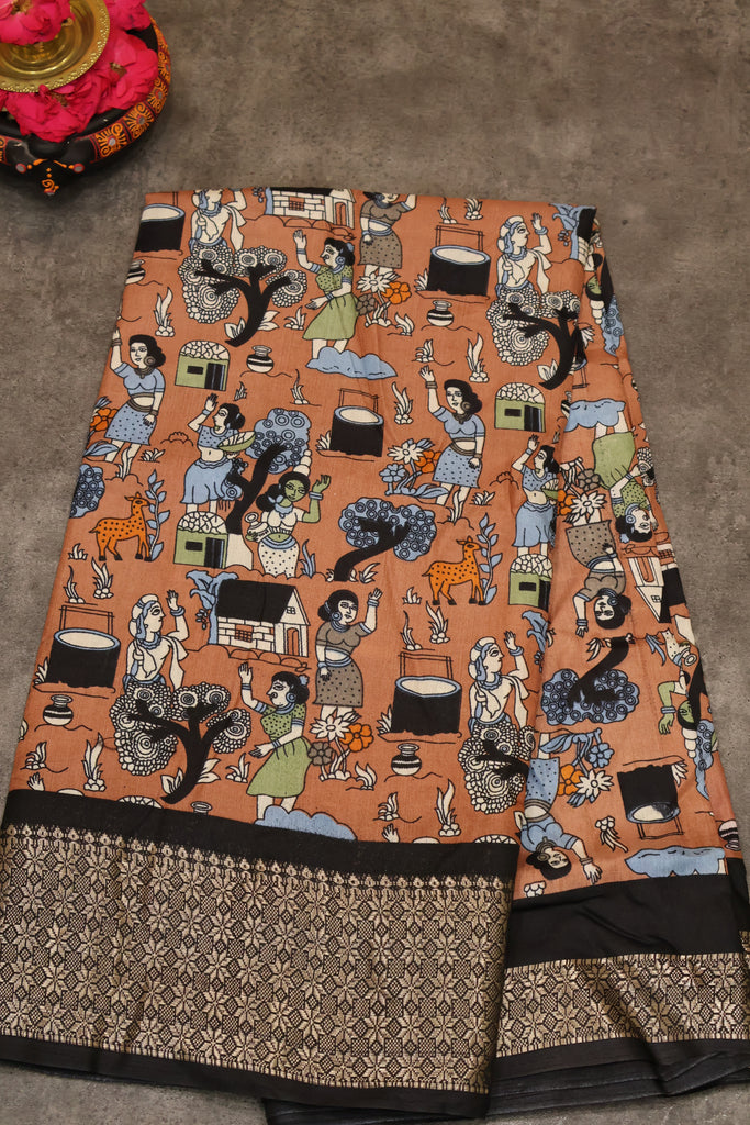 Dola Silk Saree Folk Art Print-Rust