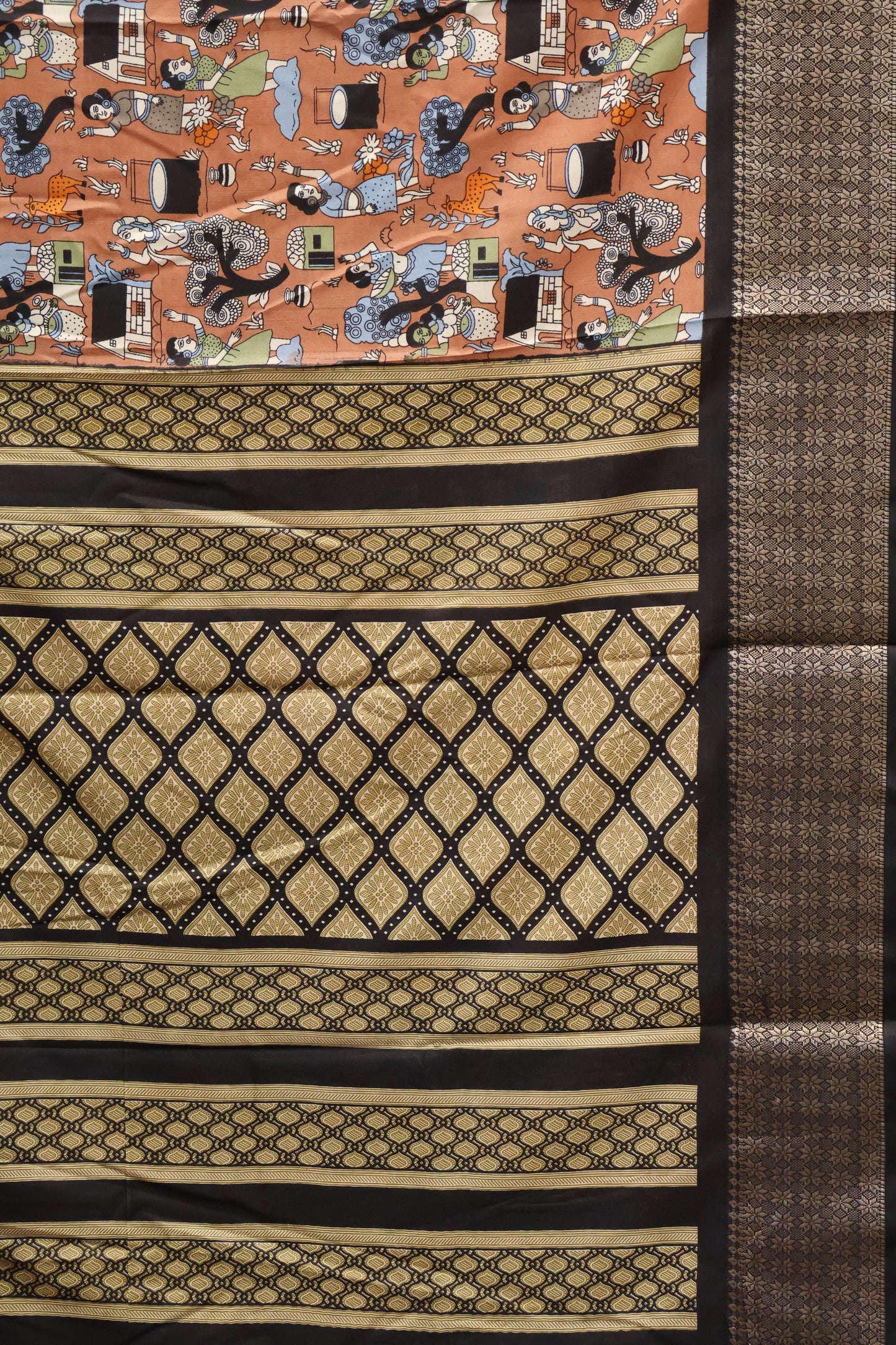 Dola Silk Saree Folk Art Print-Rust