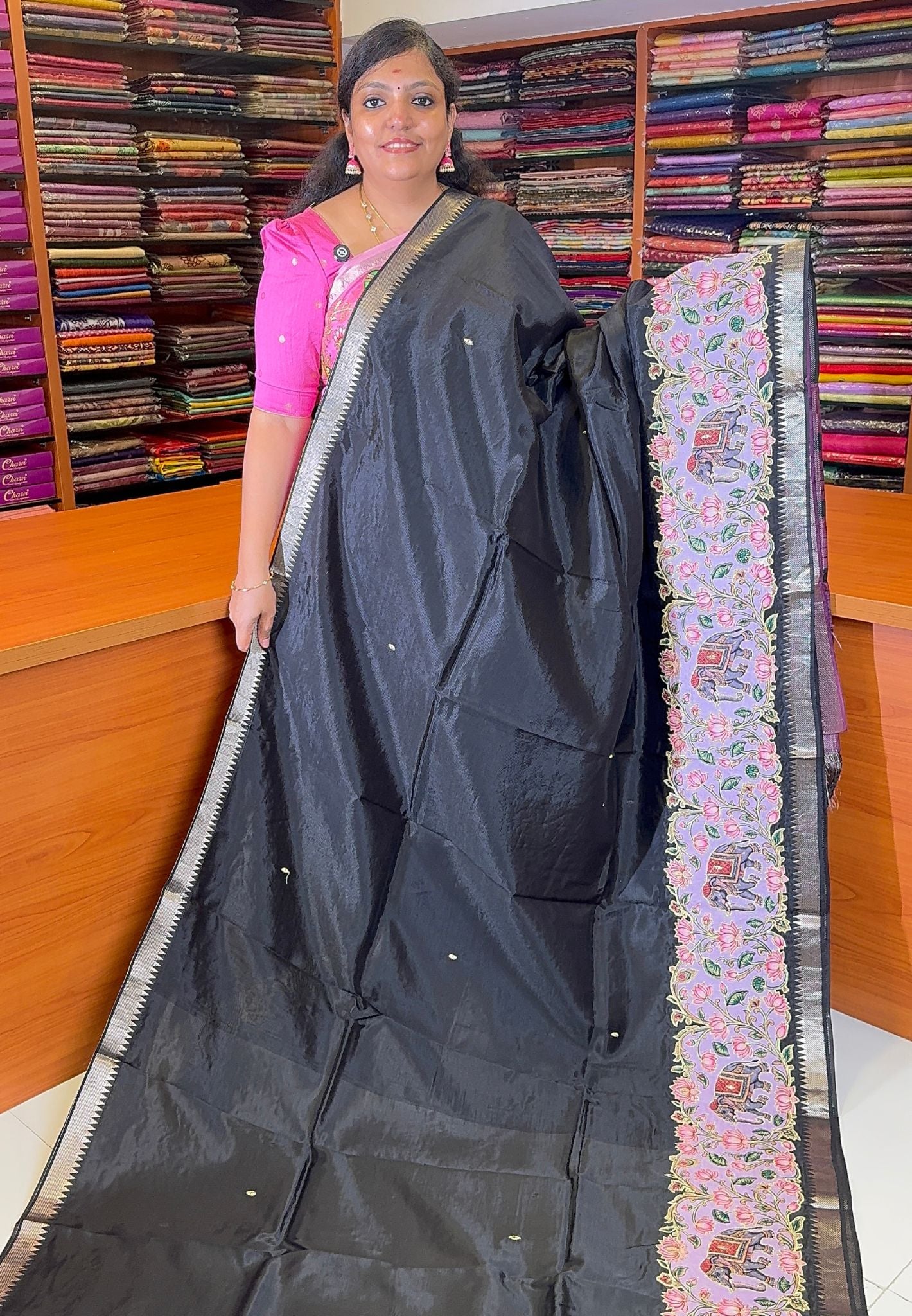 Pure Mangalgiri Silk Saree-Black with Appliqué Work