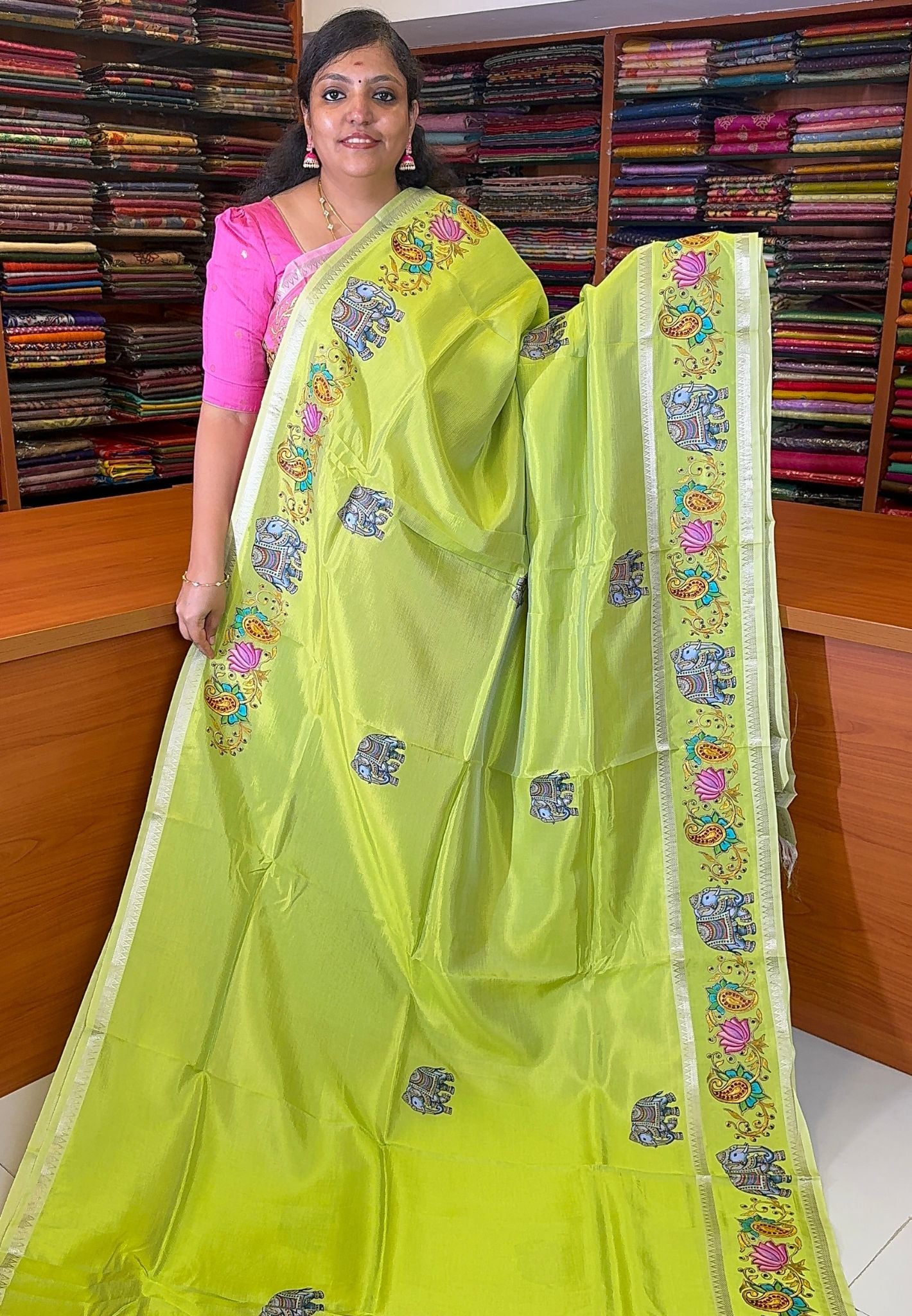 Pure Mangalgiri Silk Saree-Fluorecent Green in Tanjore Print with Retapet Border