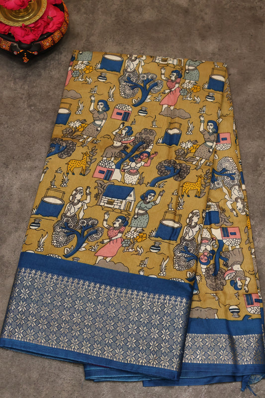 Dola Silk Saree Folk Art Print-Beige