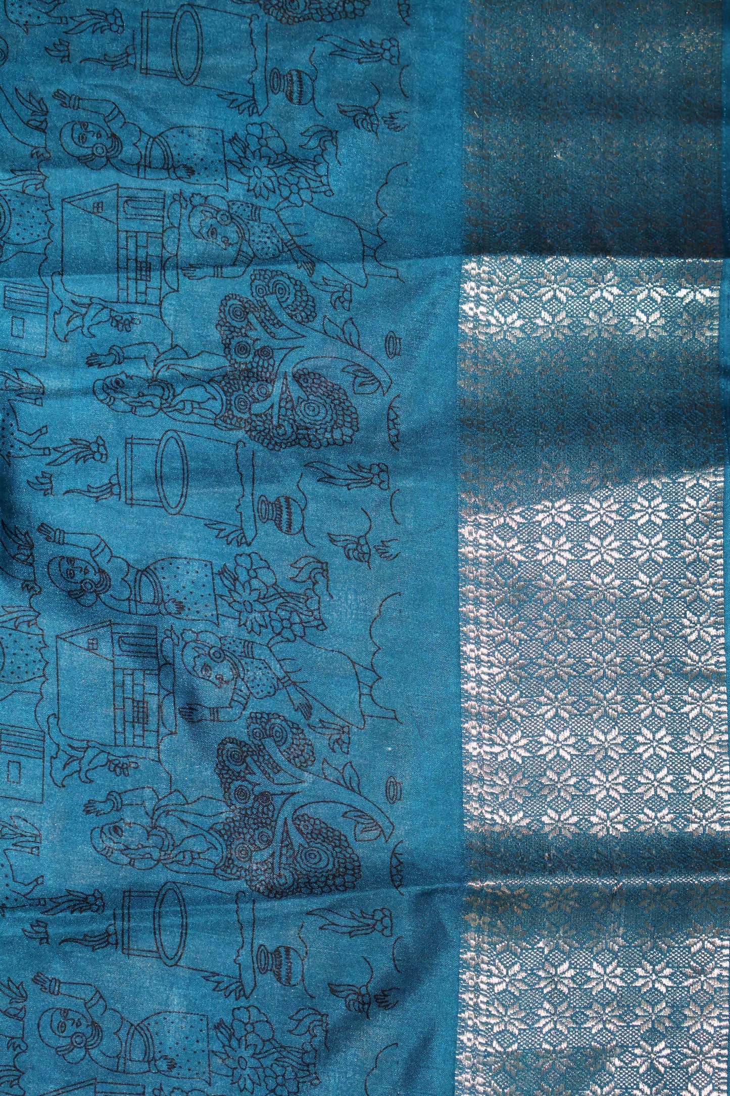 Dola Silk Saree Folk Art Print-Beige