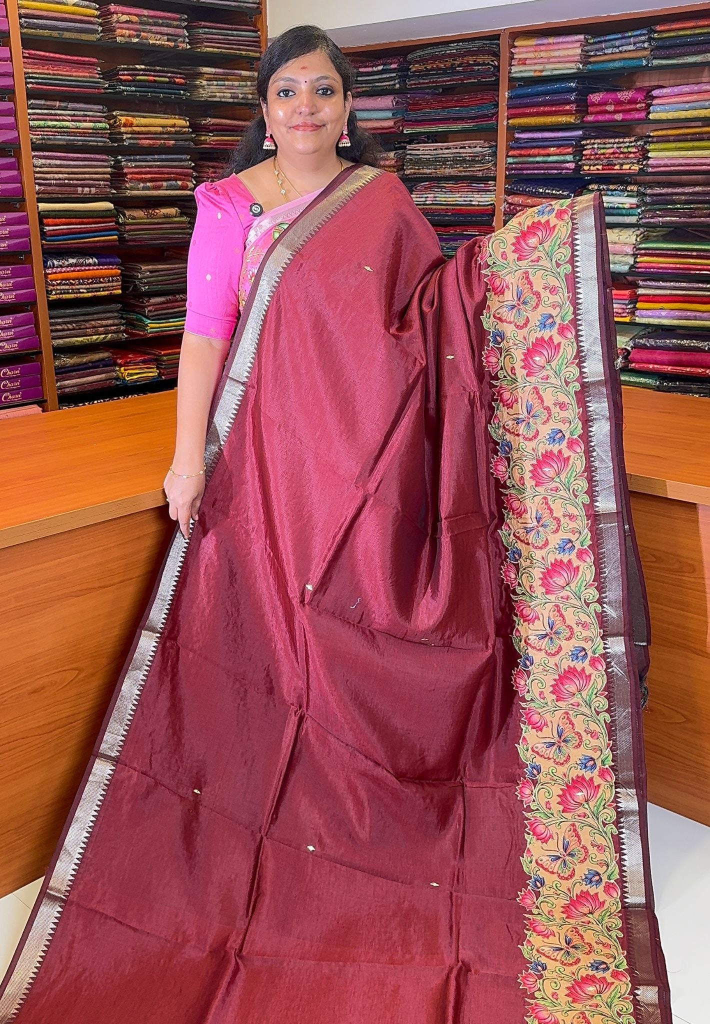 Pure Mangalgiri Silk Saree-Maroon with Appliqué Work