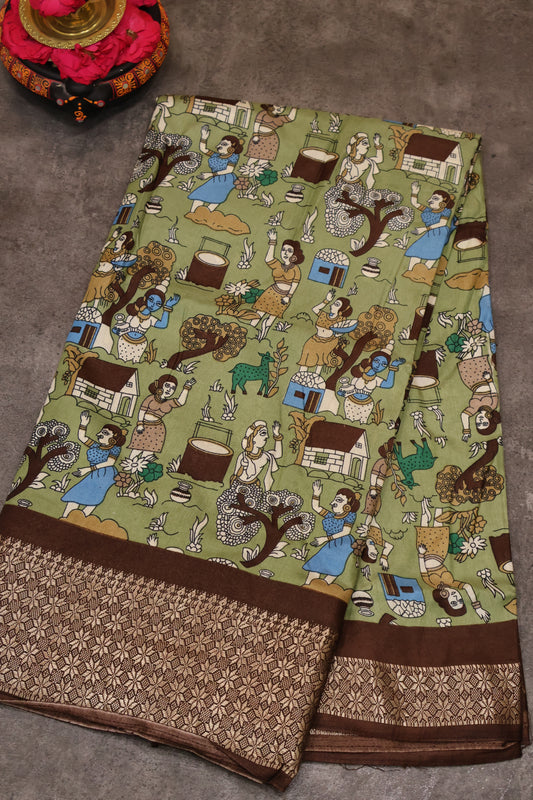 Dola Silk Saree Folk Art Print-Green