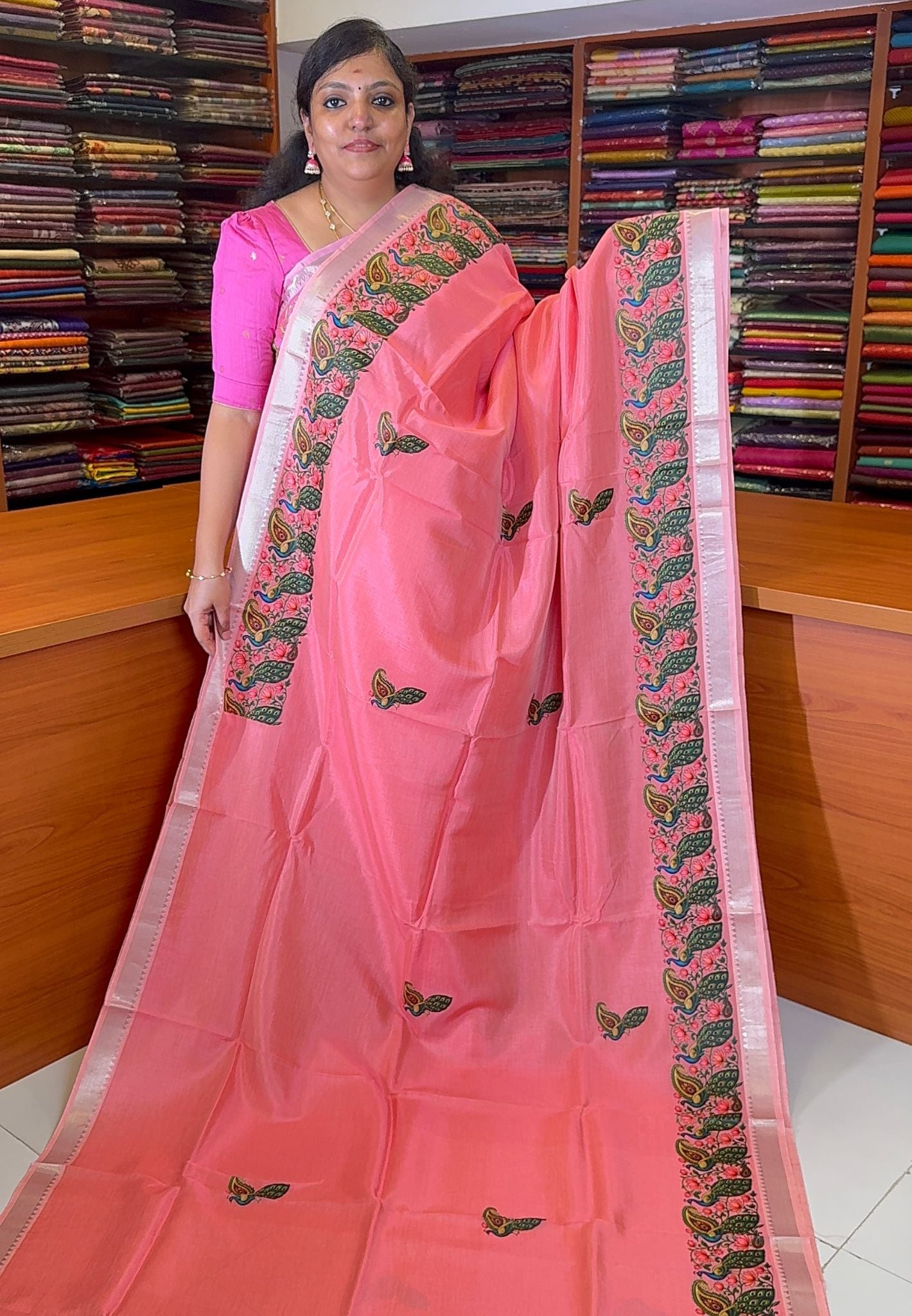 Pure Mangalgiri Silk Saree-Dark Peach in Thanjur Print