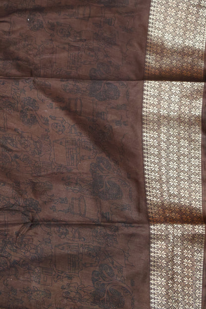 Dola Silk Saree Folk Art Print-Green