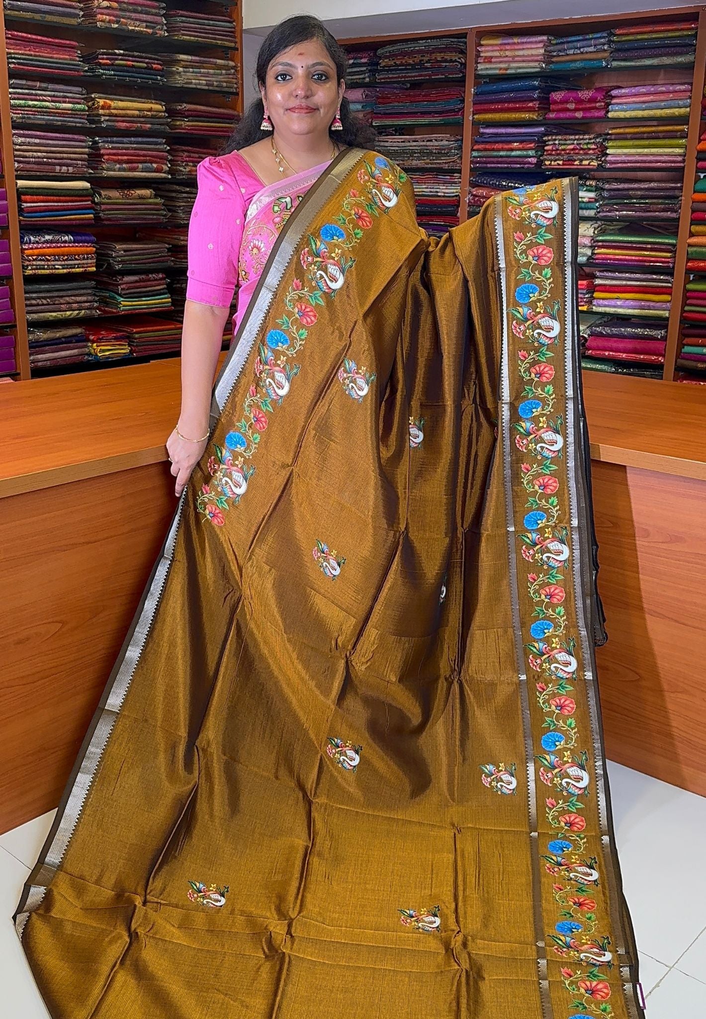Pure Mangalgiri Silk Saree-Khaki in Tanjore Print with Retapet Border
