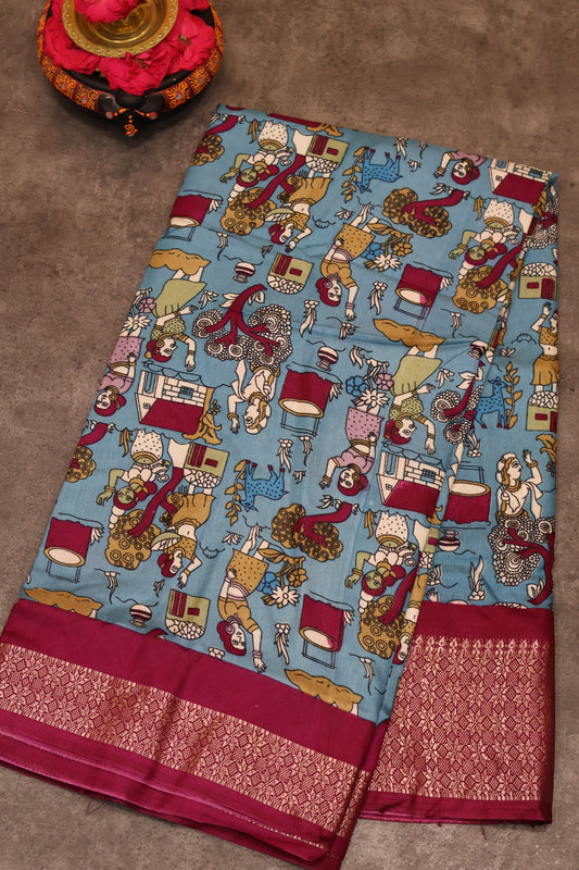 Dola Silk Saree Folk Art Print-Blue