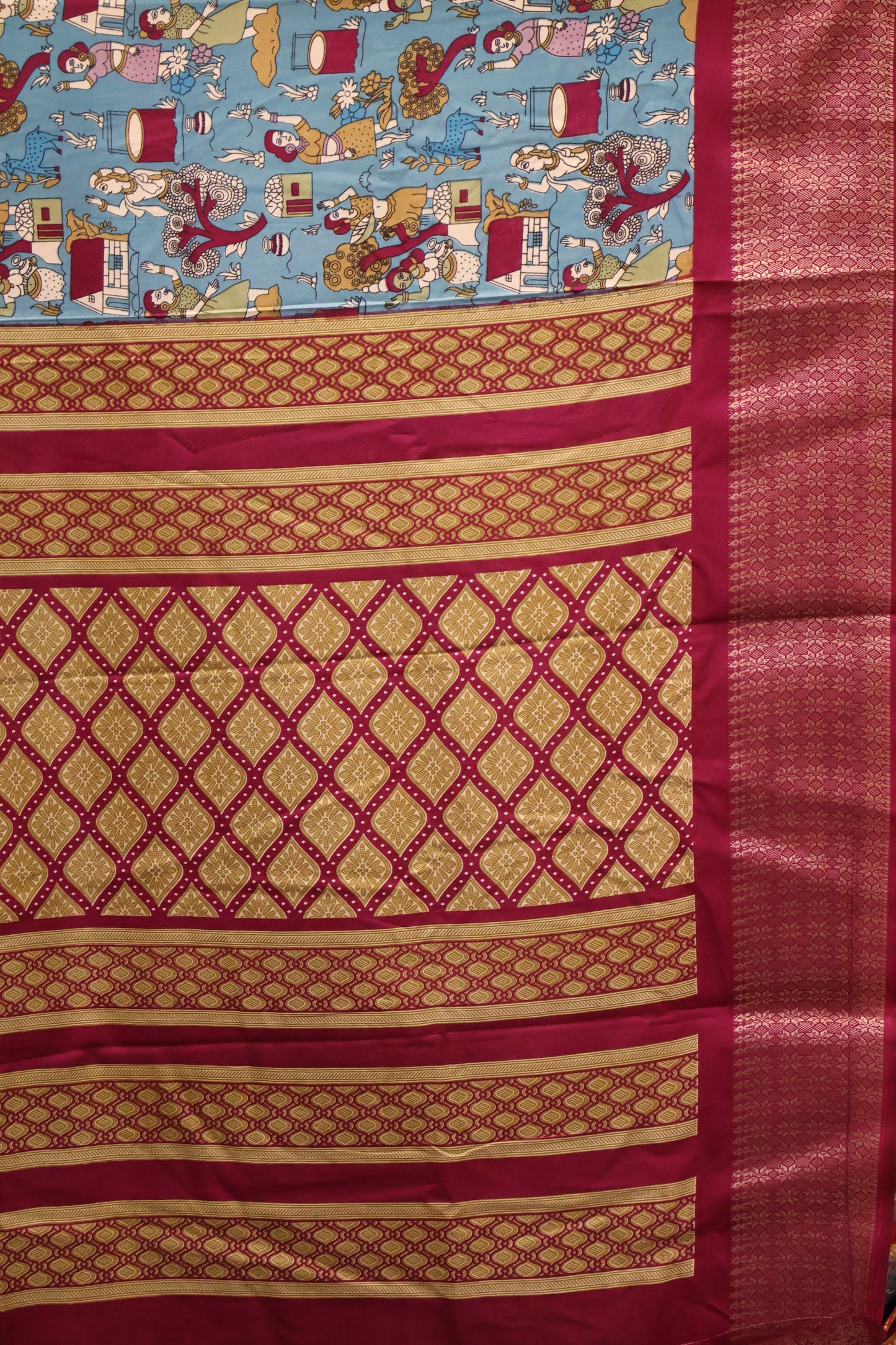 Dola Silk Saree Folk Art Print-Blue