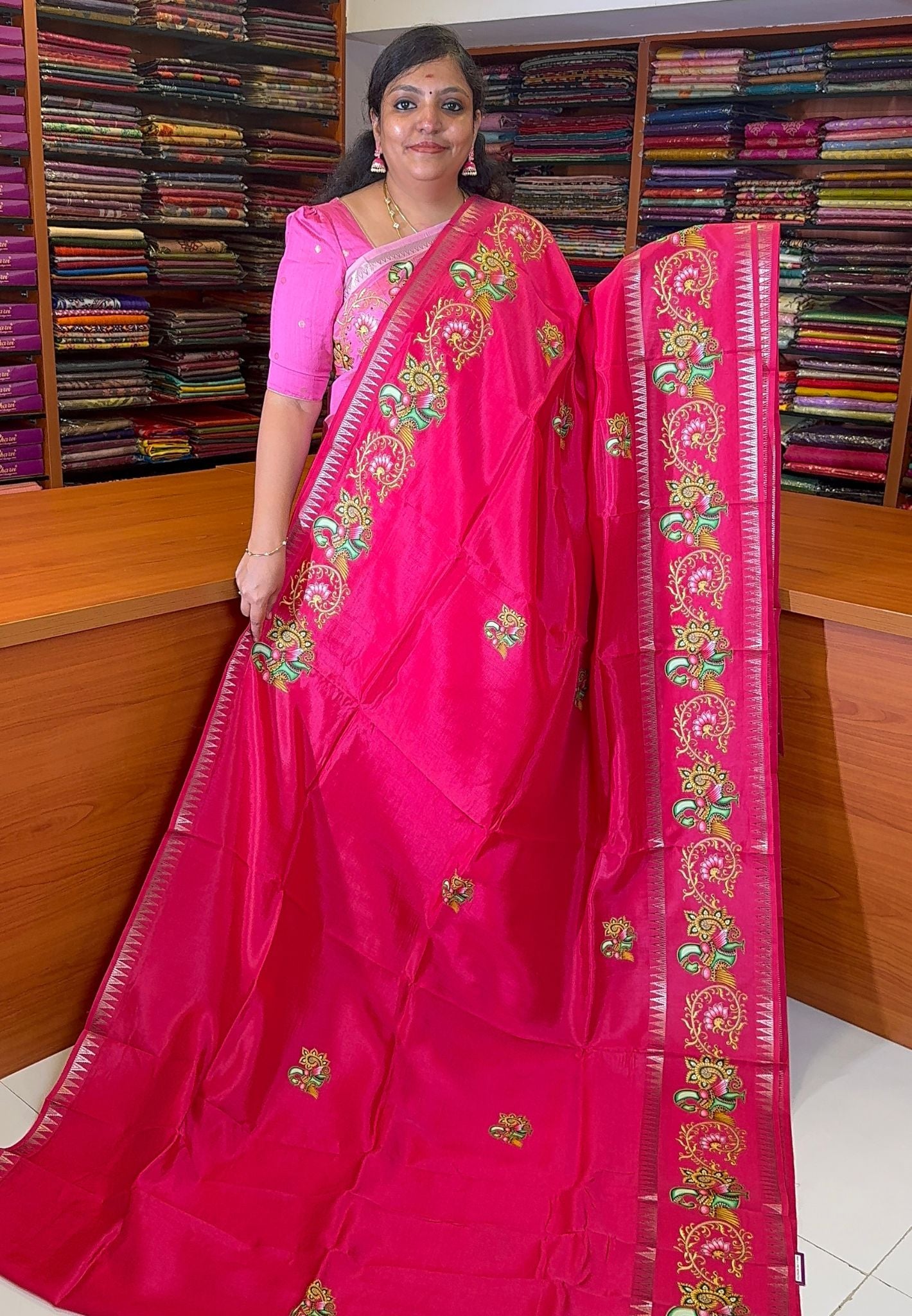 Pure Mangalgiri Silk Saree-Rani Pink in Tanjore Print with Retapet Border