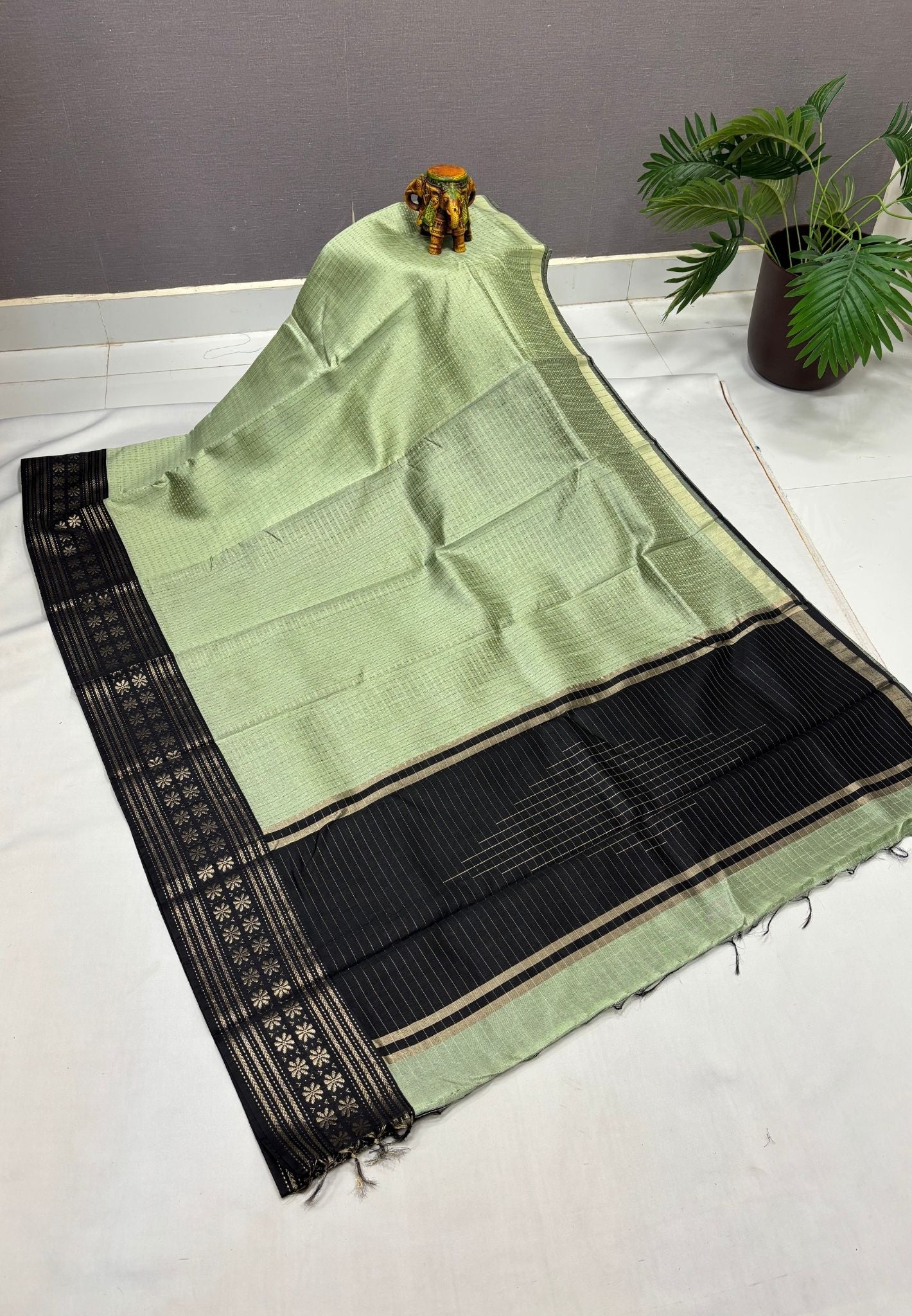 Raw Silk Saree-Elachi Green in 1000 Butta with Contrast Zari Border