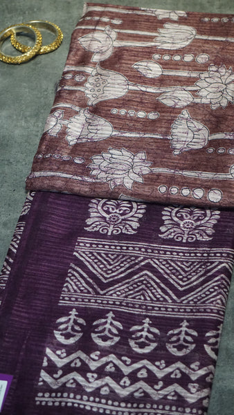 Jute Cotton Saree Lotus Print Wine