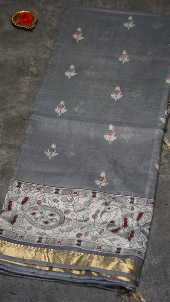 Semi Linen Grey Saree With Madhubani Print