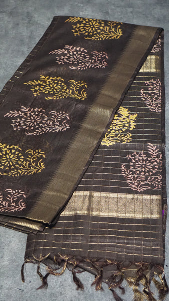 Bhagalpur Cotton Saree Checks Brown