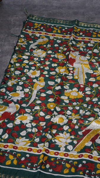 Semi Linen Kalamkari Saree Green