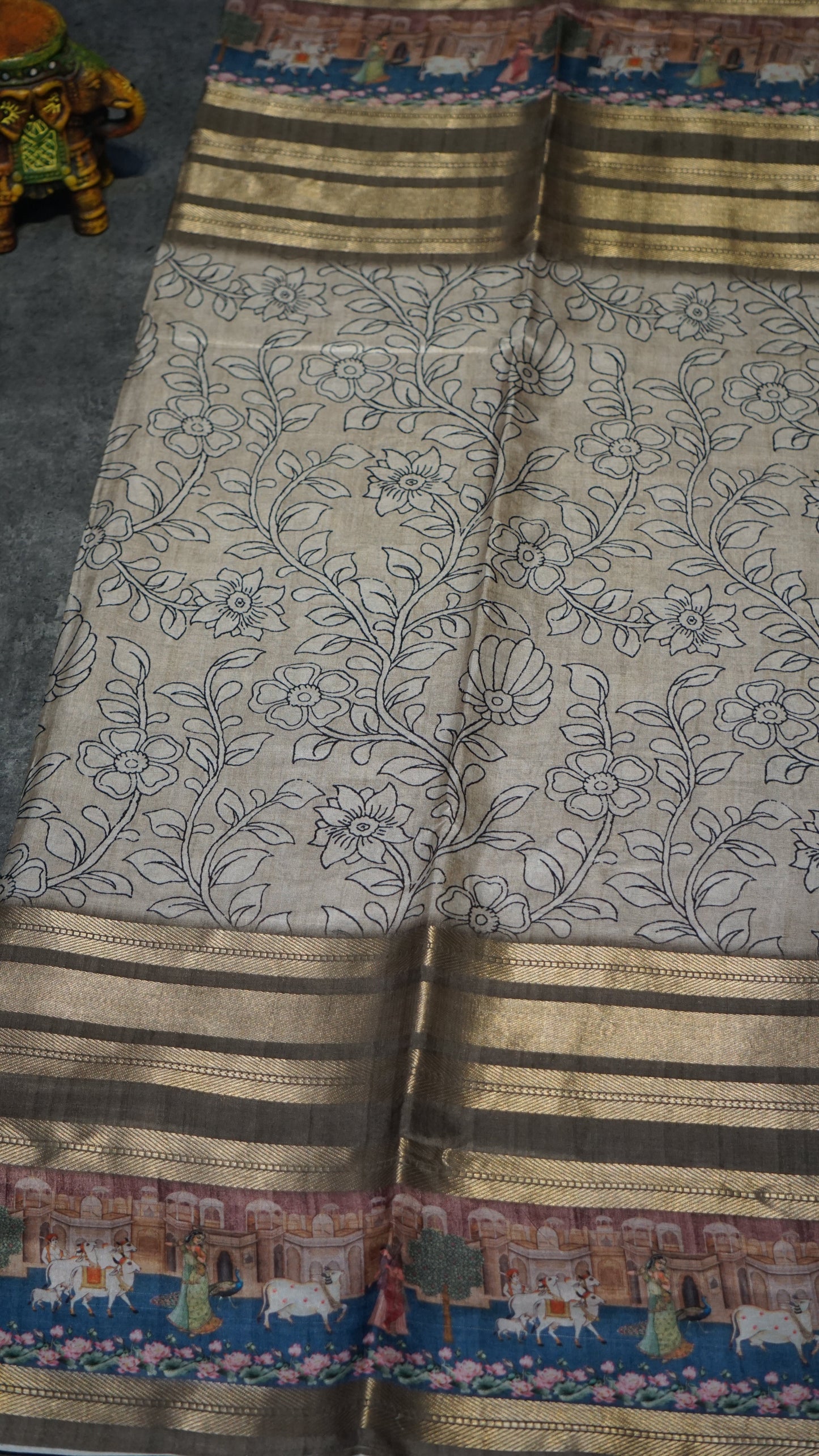 Dola Silk Pichwai Print Beige - Blue