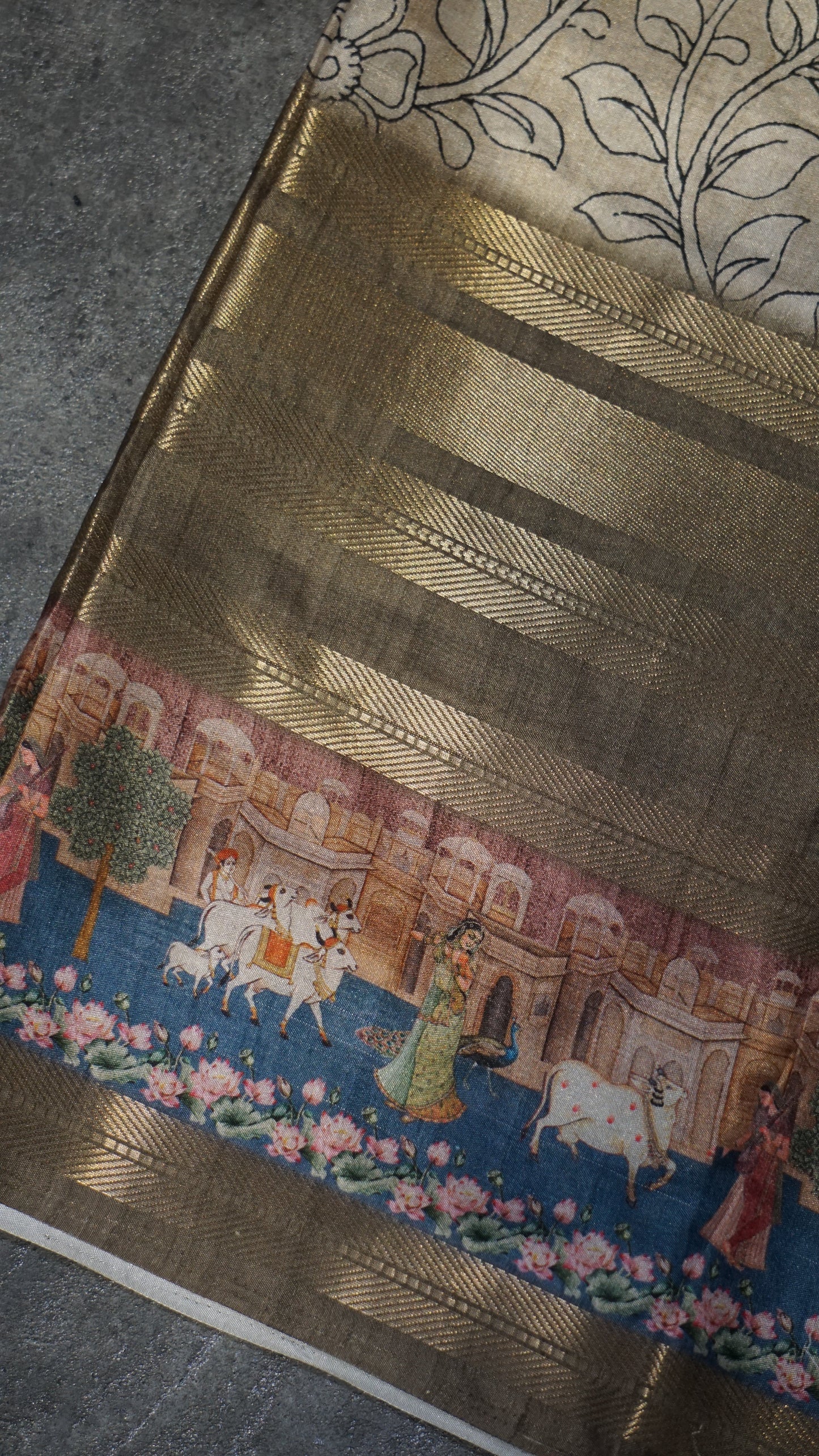 Dola Silk Pichwai Print Beige - Blue