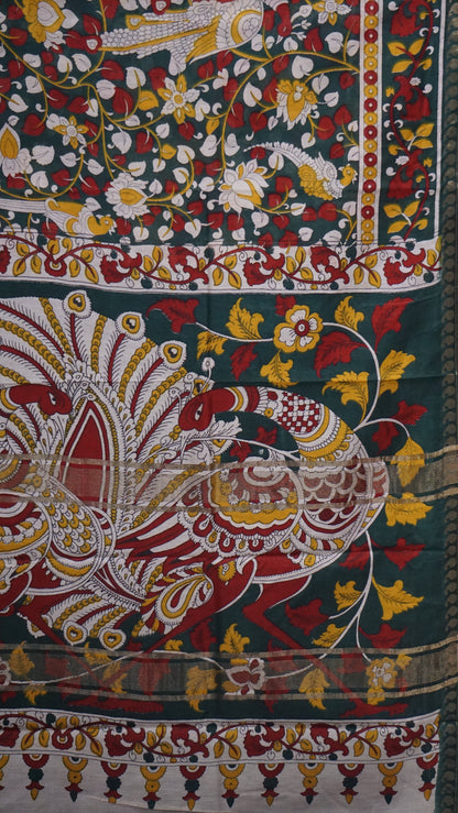 Semi Linen Kalamkari Saree Green