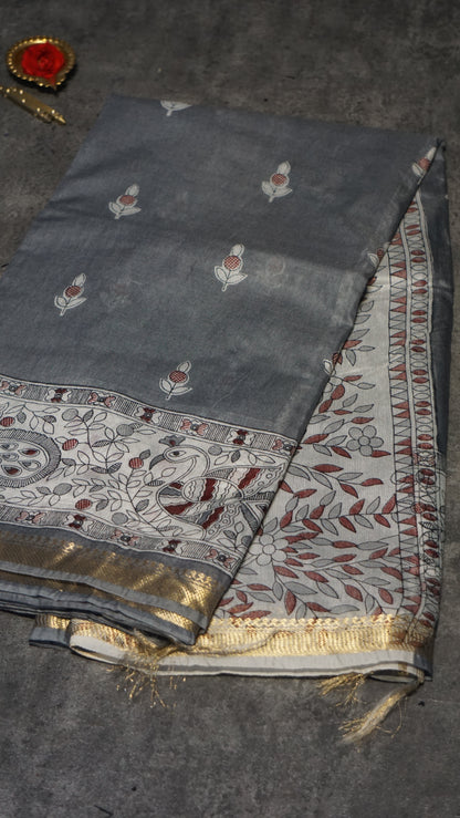 Semi Linen Grey Saree With Madhubani Print