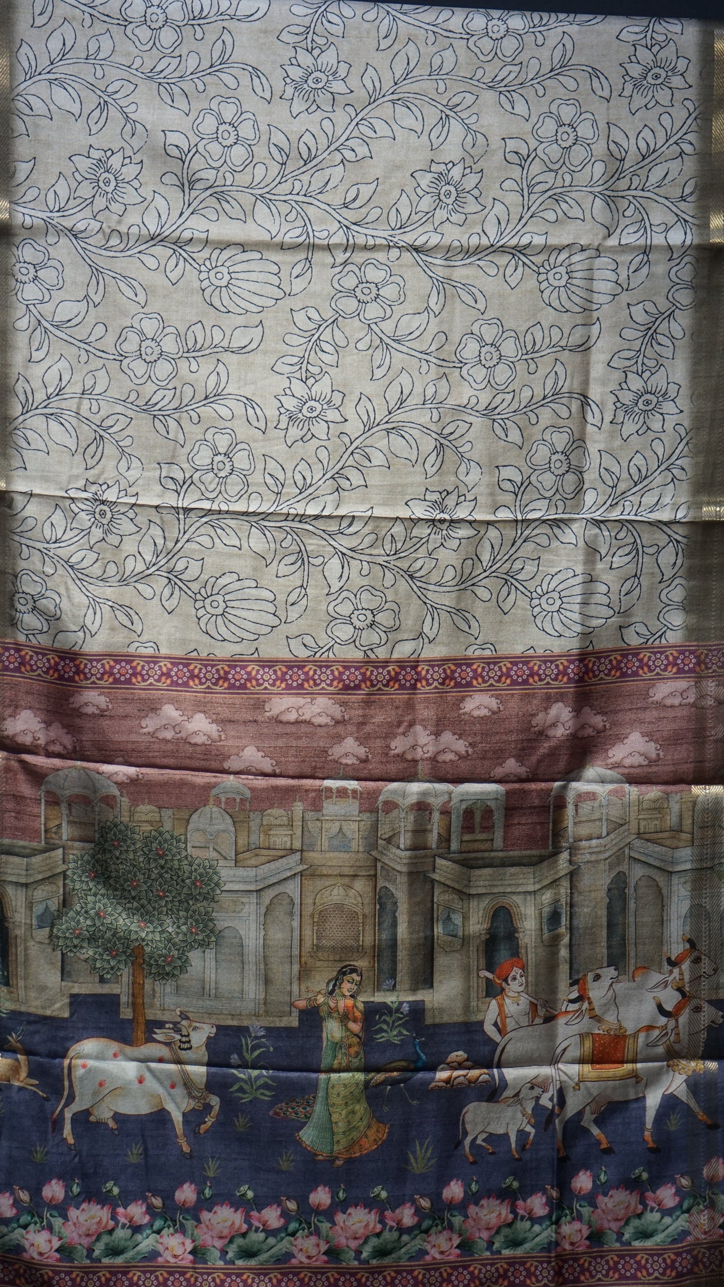 Dola Silk Pichwai Print Beige - Blue