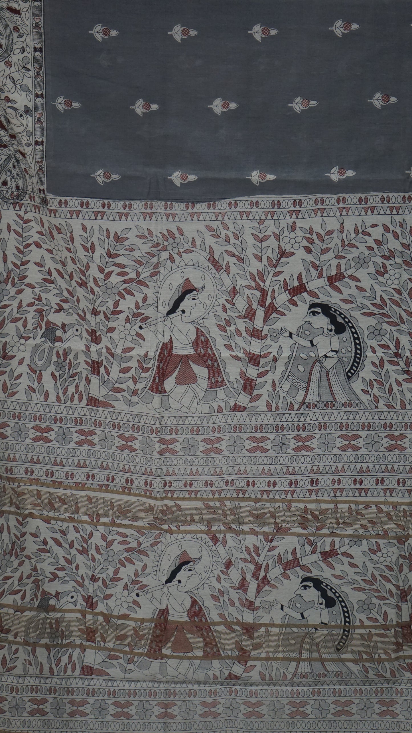 Semi Linen Grey Saree With Madhubani Print
