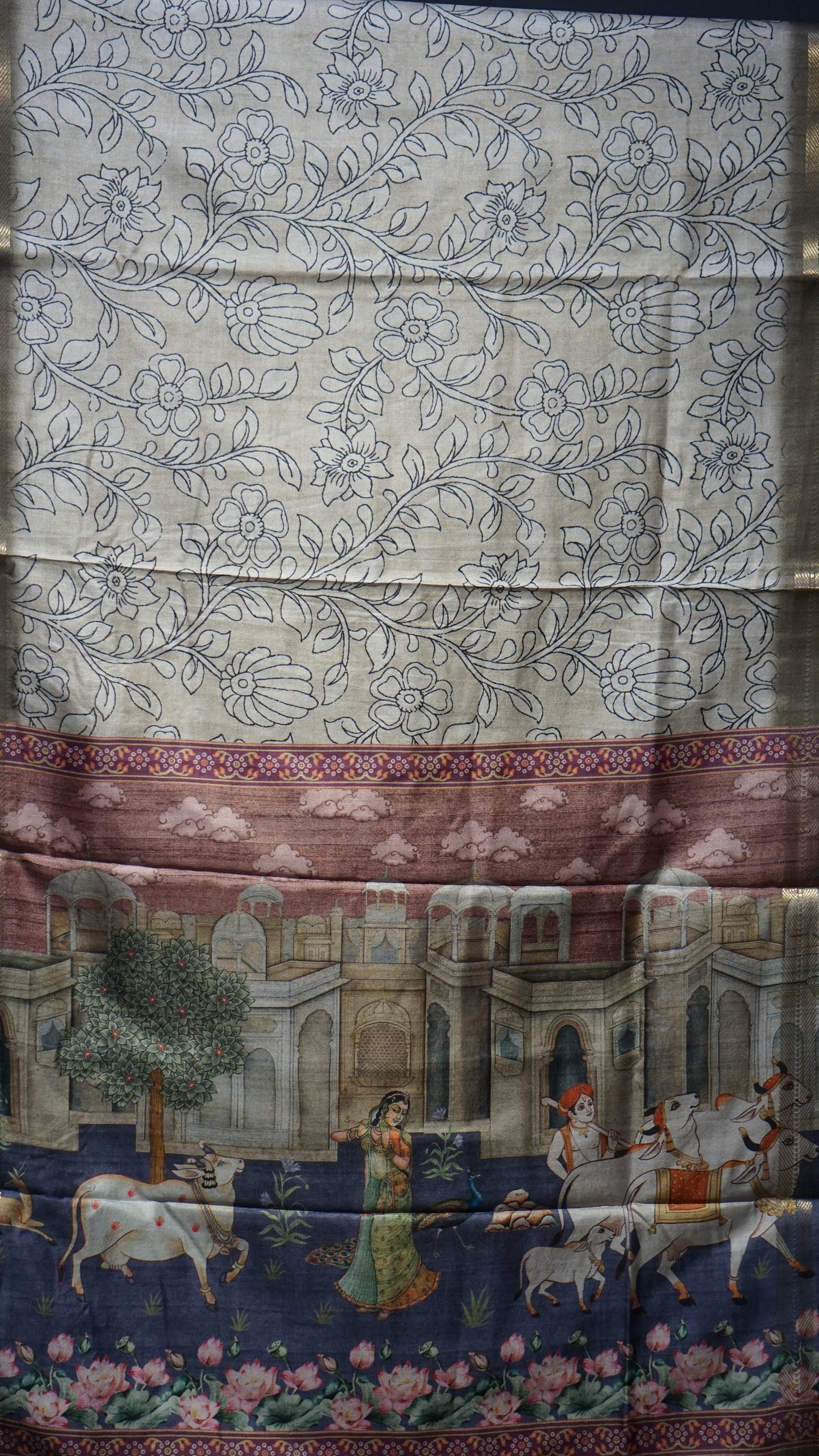Dola Silk Pichwai Print Beige - Blue