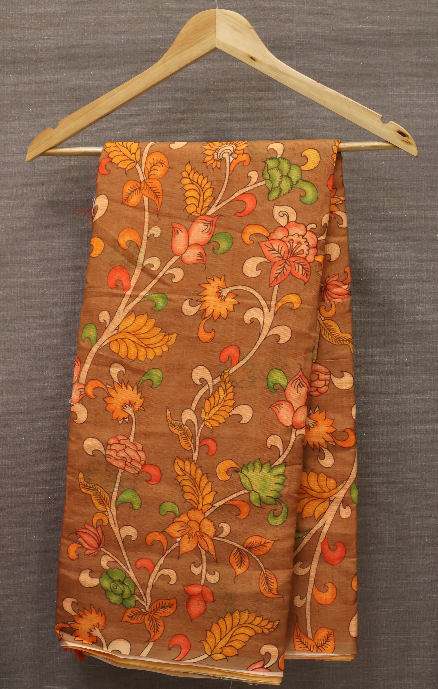 Semi Linen Saree Kalamkari Print -Brown