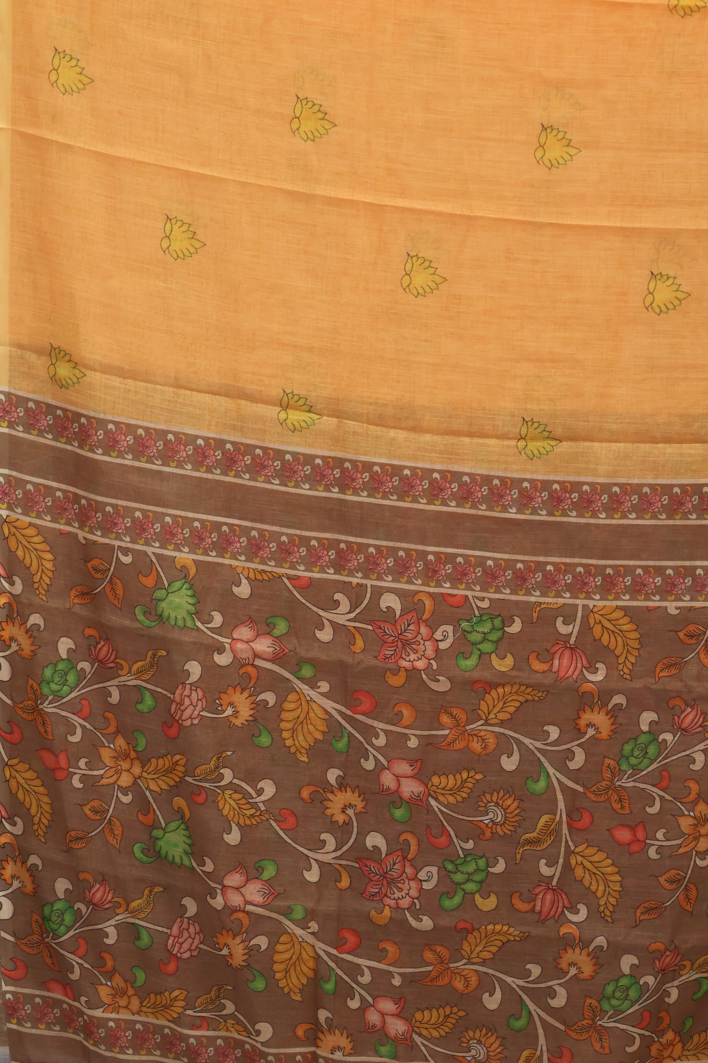 Semi Linen Saree Kalamkari Print -Brown