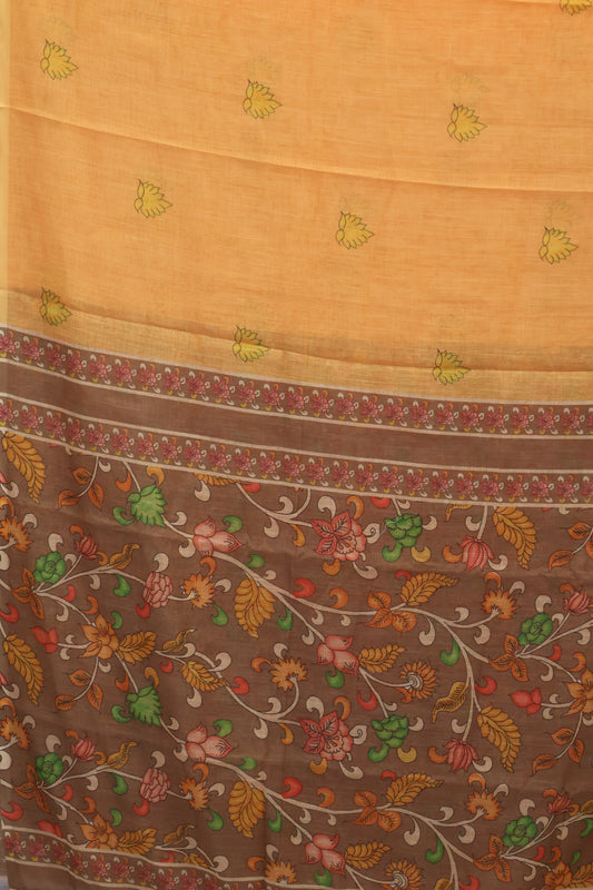 Semi Linen Saree Kalamkari Print -Brown