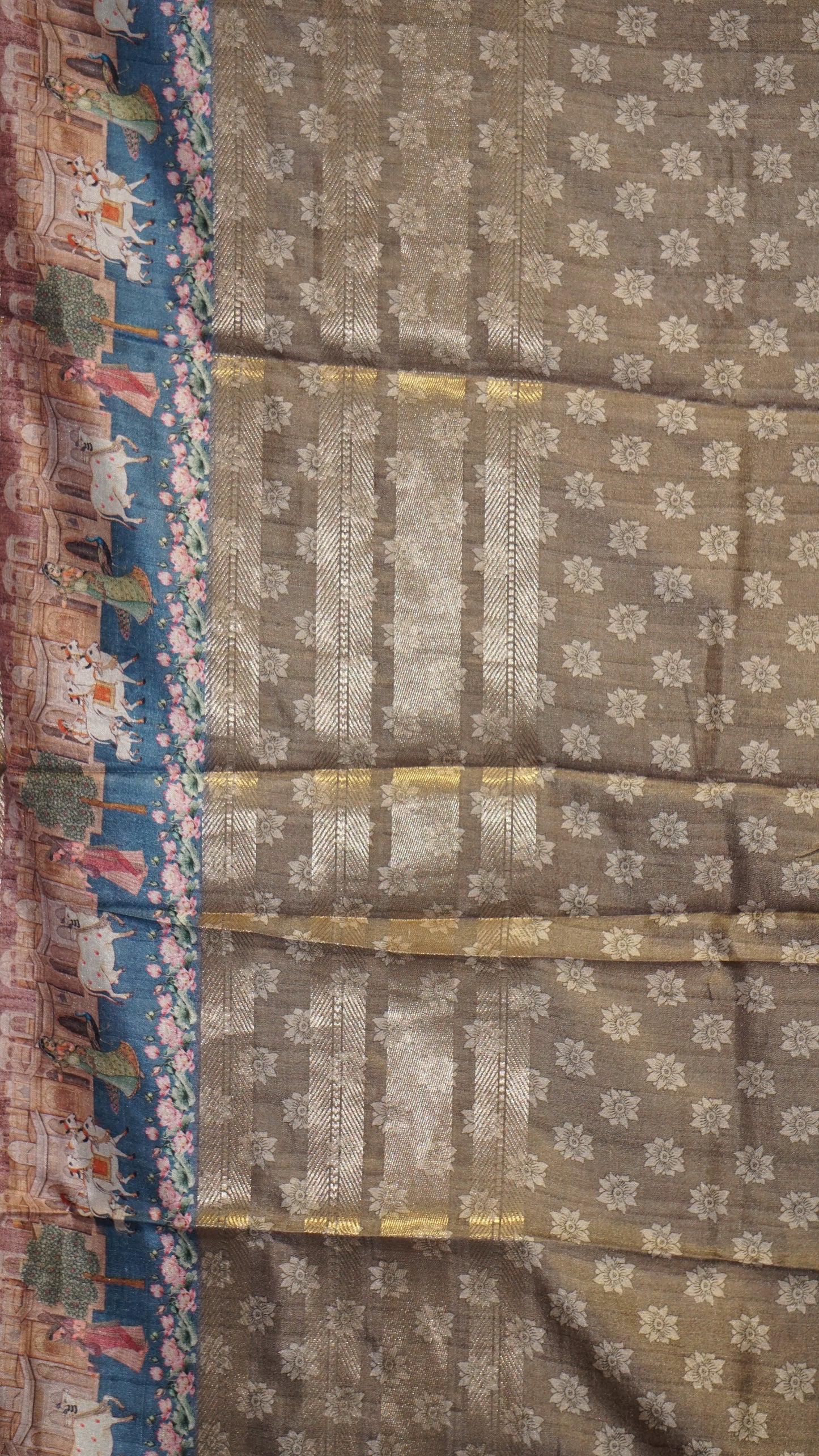Dola Silk Pichwai Print Beige - Blue