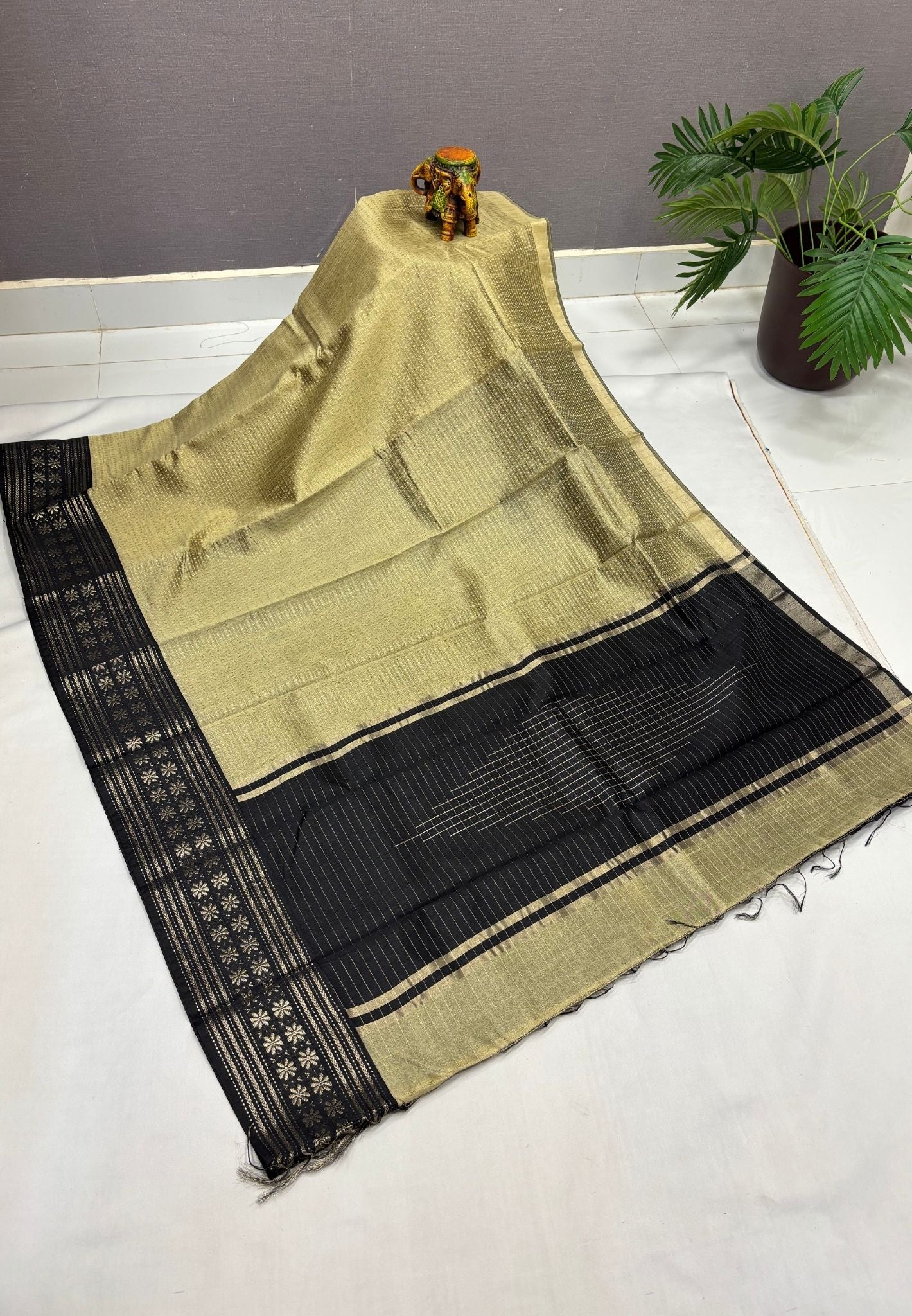 Raw Silk Saree-Beige in 1000 Butta with Contrast Zari Border