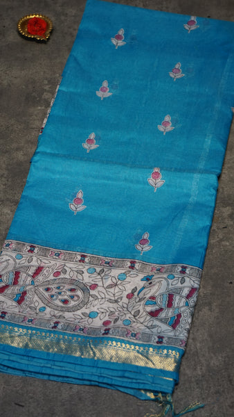 Semi Linen Blue Saree With Madhubani Print