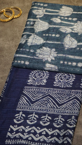Jute Cotton Saree Lotus Print Blue