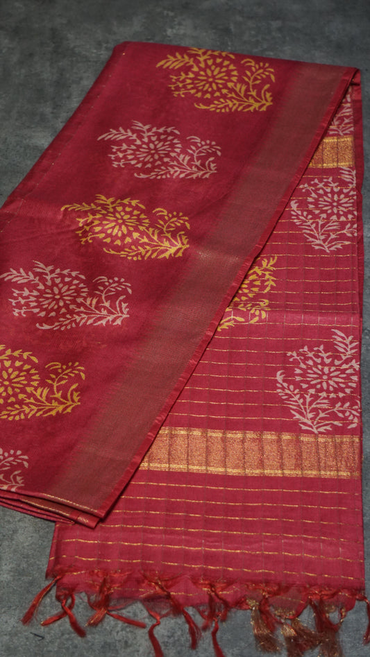 Bhagalpur Cotton Saree Checks Dark Pink